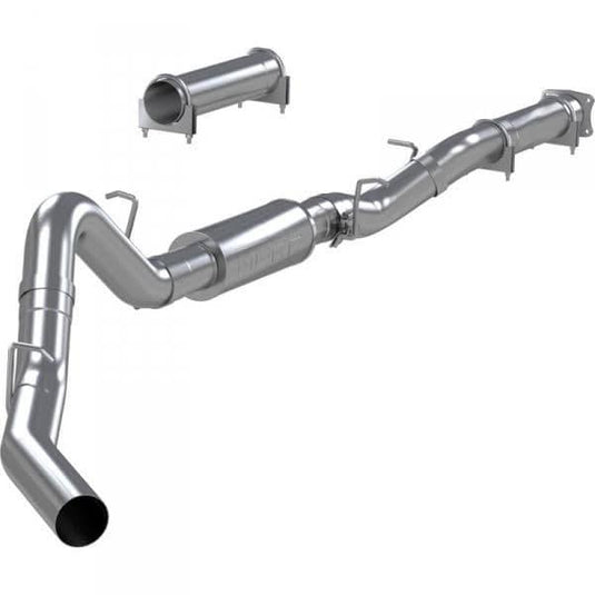 Image showcases the Sixty-Six 4" Performance Exhaust Kit 409SS installed on a GM/Chevy Duramax, highlighting the polished finish of the 409 stainless steel. The design emphasizes sleek lines and the integration with the vehicle’s existing systems, portraying an enhancement that is both aesthetic and functional.