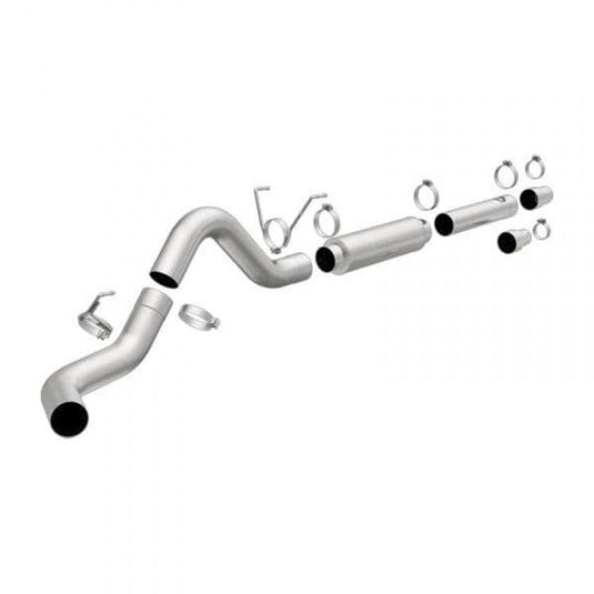 Featuring the Sixty-Six 5" Performance Exhaust Kit 409SS installed on a 2003-04 Dodge Ram Cummins 5.9L, the image captures the sleek, durable construction of the stainless steel. It highlights the exhaust system’s integration with the vehicle, showcasing its enhancement of both performance and aesthetics.