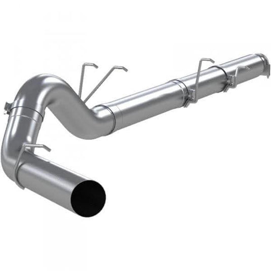 Highlighting the Sixty-Six 4" CAT-Back Exhaust Kit 409SS on a 2003-07 Ford Powerstroke 6.0L, the image showcases the sleek, stainless steel construction and the kit's perfect fit on the vehicle. The focus is on the robust build and the exhaust's capacity to enhance the truck's performance and emit a powerful sound.