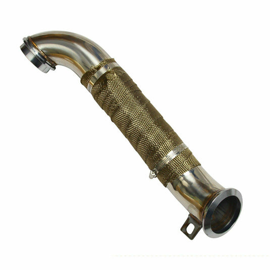 Display the Sixty-Six 3" Downpipe for 2004-10 GM/Chevy Duramax, focusing on the sturdy 409 stainless steel construction and the sleek, polished appearance of the pipe. Highlight the pipe’s fit and easy installation features, demonstrating its compatibility with LLY, LBZ, and LMM models.