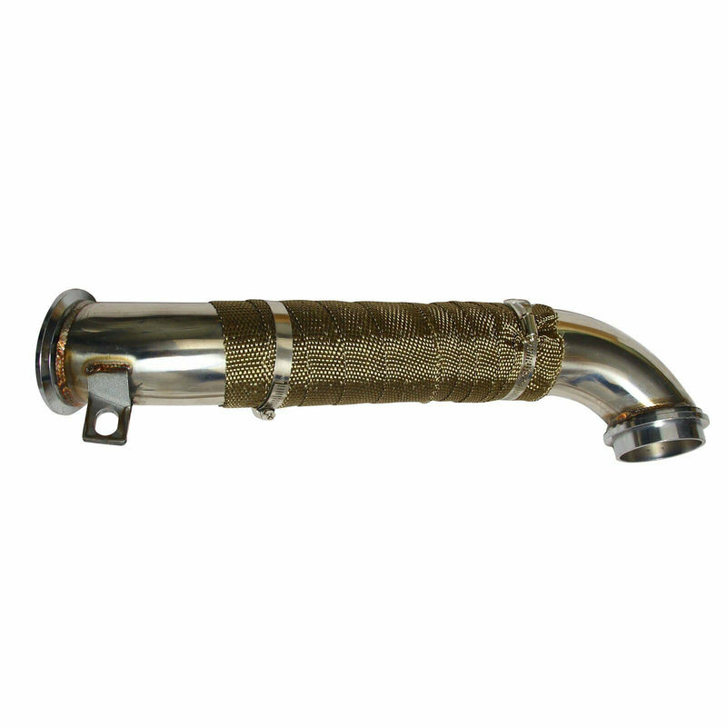 Cargue la imagen en el visor de la galería, Display the Sixty-Six 3&quot; Downpipe for 2004-10 GM/Chevy Duramax, focusing on the sturdy 409 stainless steel construction and the sleek, polished appearance of the pipe. Highlight the pipe’s fit and easy installation features, demonstrating its compatibility with LLY, LBZ, and LMM models.
