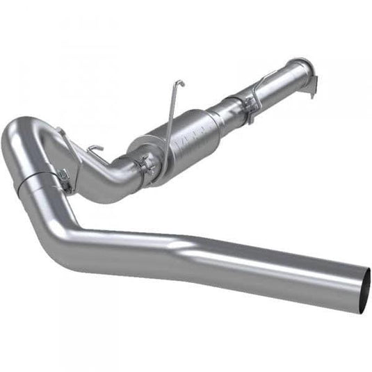 Showcase the Sixty-Six 4" CAT-Back Exhaust Kit 409SS installed on a 2004.5-07 Dodge Ram Cummins 5.9L. Highlight the sleek, stainless steel design and how it enhances the vehicle’s aesthetics while illustrating the kit's integration and performance enhancement capabilities.