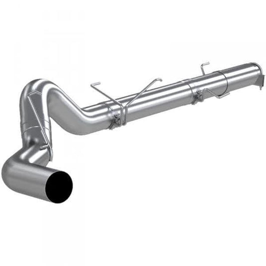 Showcase the Sixty-Six 4" CAT-Back Exhaust Kit 409SS installed on a 2004.5-07 Dodge Ram Cummins 5.9L. Highlight the sleek, stainless steel design and how it enhances the vehicle’s aesthetics while illustrating the kit's integration and performance enhancement capabilities.