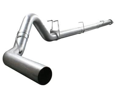 A sleek and robust 2011-22 Sixty-Six 4" Performance Exhaust Kit made of 409SS, designed specifically for Ford Powerstroke 6.7L models, showcasing its premium build and finish.