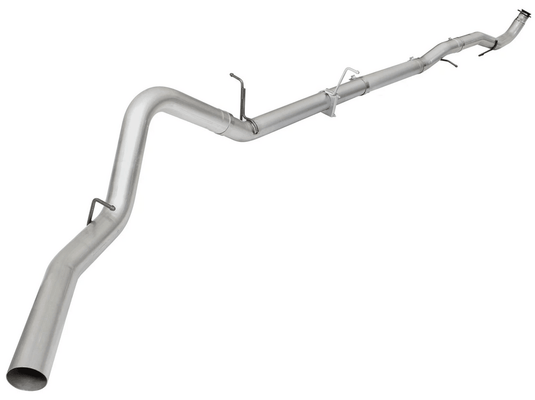 A sleek 2017-19 Sixty-Six 5" DPF-Back Exhaust Kit, showcasing its polished finish and precision engineering. The image emphasizes the kit's compatibility with the GM/Chevy Duramax L5P and its ability to enhance both sound and performance.