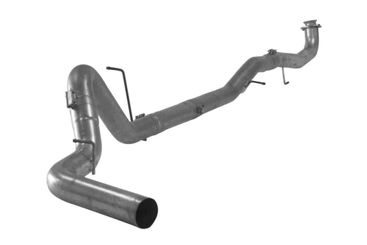 A sleek 2017-19 Sixty-Six 4" 4-Bolt Performance Exhaust Kit made of 409 stainless steel, showcasing its shiny finish and sturdy design. The image emphasizes the kit's precision engineering and its capability to boost the performance of the GM/Chevy Duramax L5P.