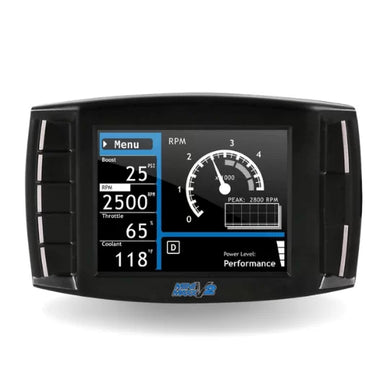 A sleek and robust tuner device connected to a truck dashboard, displaying various engine parameters in real-time.