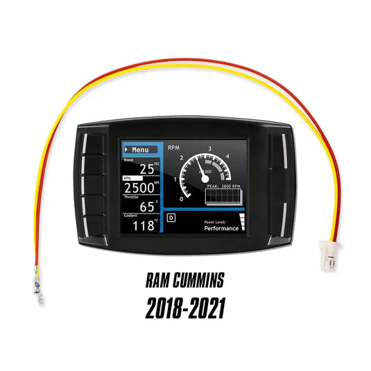 A sleek and robust tuner device connected to a truck dashboard, displaying various engine parameters in real-time.