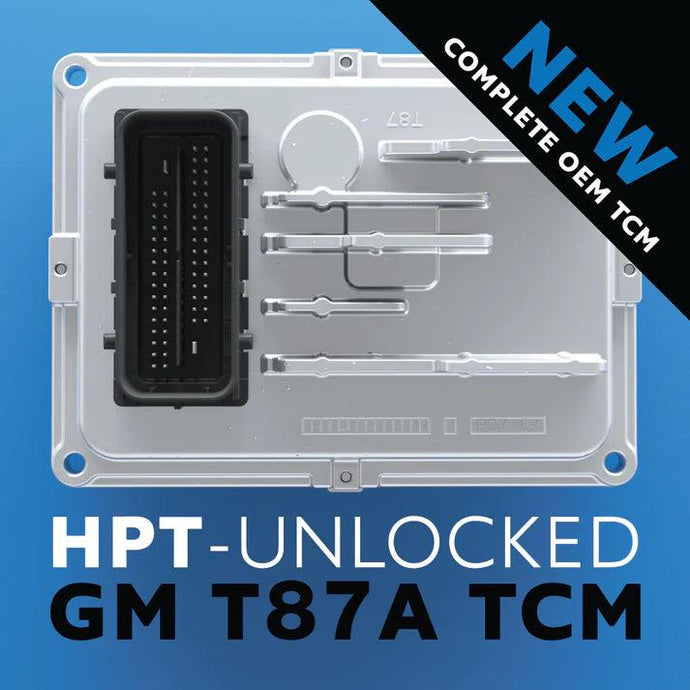 Image of the HP Tuners Unlocked T87 TCM, a specialized upgrade for the 2017-19 GM/Chevy Duramax L5P 6.6L engine, symbolizing advanced tuning capabilities and improved vehicle performance.