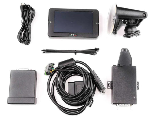 A sleek MM3 Touch Display and Controller, showcasing its vibrant 4.3" screen, paired with the GDP Support Pack, emphasizing its compatibility with 2007.5-2021 6.7L Cummins.