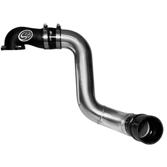 Showcase the 2003-04 S&B Intercooling Piping Kit installed on a Ford Powerstroke 6.0L. Highlight the robust, polished appearance of the aluminum tubes that enhance the engine bay's look while emphasizing the smooth bends that facilitate improved airflow.