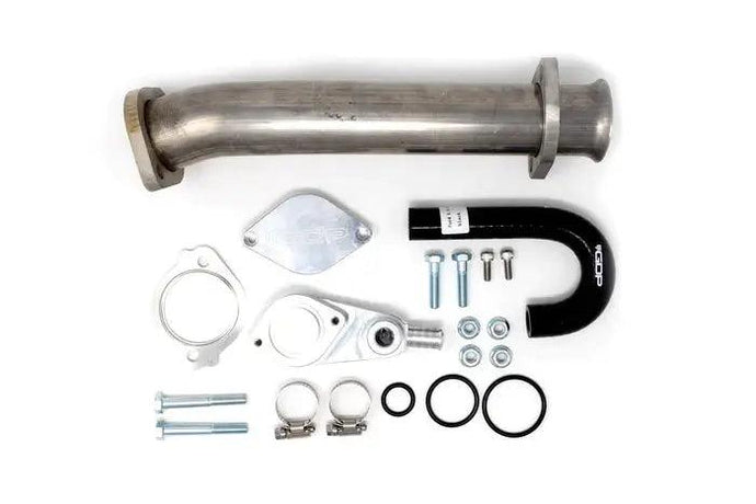 Feature the Levi's Paint and Performance EGR Upgrade Kit for the 2003-07 Ford Powerstroke 6.0L. The image should clearly display the kit components laid out neatly, emphasizing their high-quality construction and readiness for installation. The focus is on demonstrating the kit's comprehensive nature and ease of integration into the vehicle.