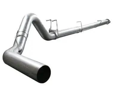 A gleaming 2011-22 Sixty-Six 4" Performance Exhaust Kit in aluminized finish, tailored for Ford Powerstroke 6.7L models, highlighting its premium construction.